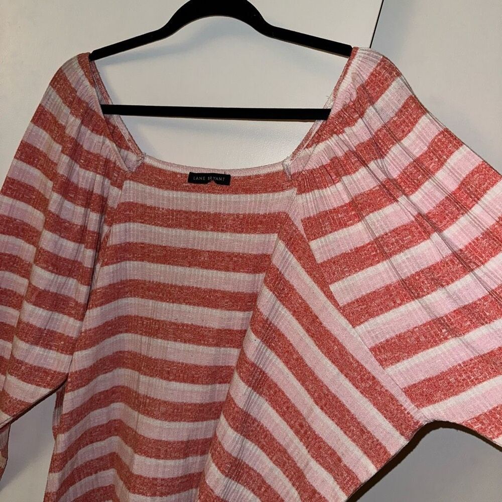 Lane Bryant Womens Red Pink White Stripe Elastic Square Neck Long Sleeve Shirt - Picture 3 of 12